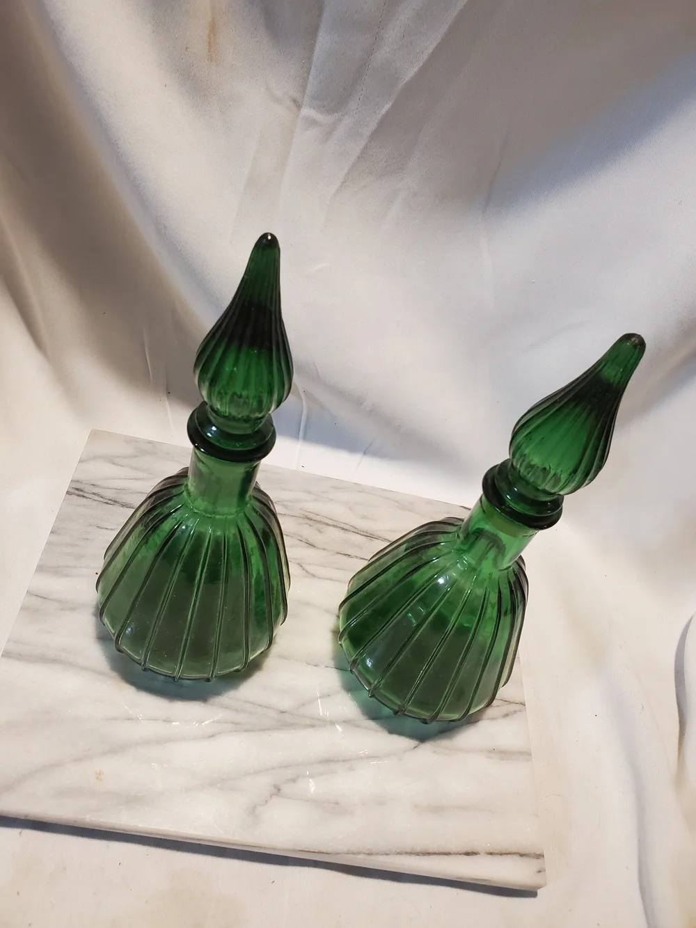 Vintage MCM Empoli Green Glass Genie Bottles Pair - 1960s Italian Art Glass...
